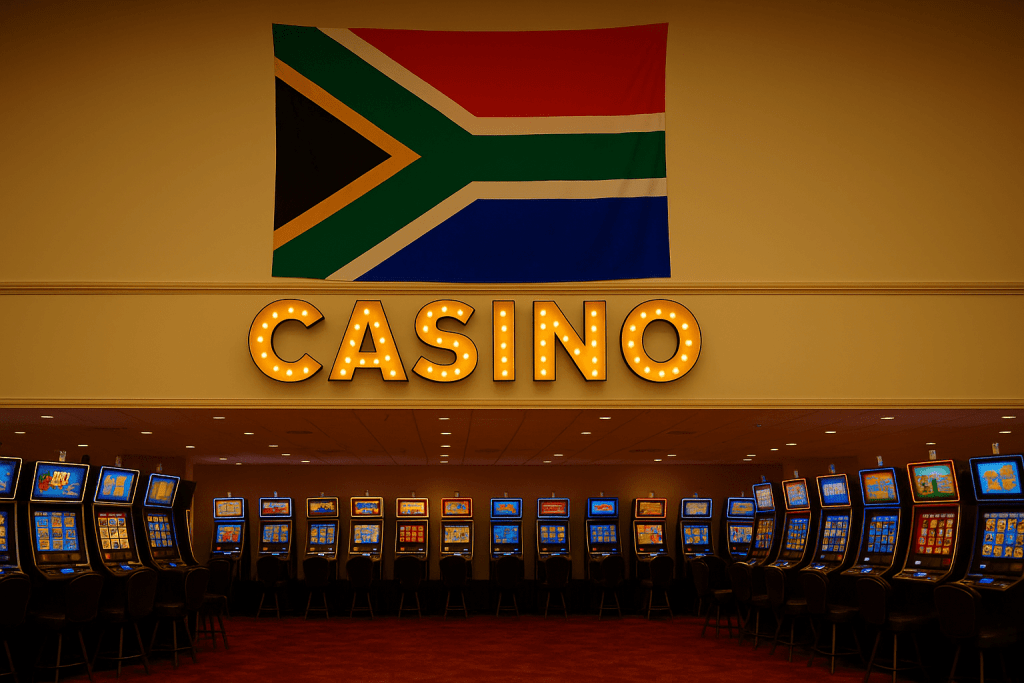 South Africa casino with national flag above illuminated sign and rows of slot machines – representing South African gambling license and iGaming regulation