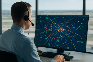 Air traffic controller monitoring digital flight network map on computer screen – representing aviation security, global connections and regulatory compliance