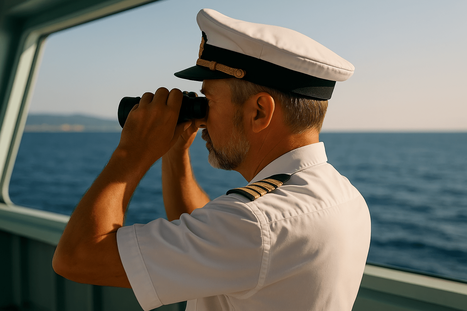 Ship captain in uniform looking through binoculars at sea horizon – symbolizing maritime authority, navigation and offshore licensing