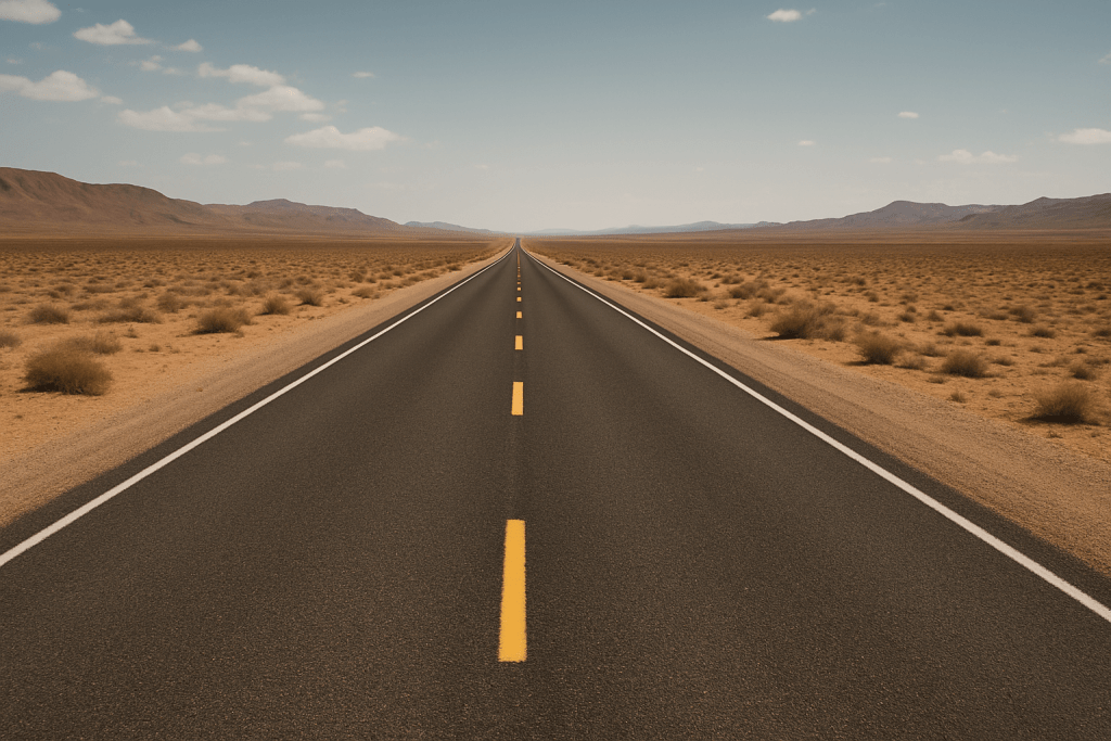 Empty straight highway stretching into desert horizon