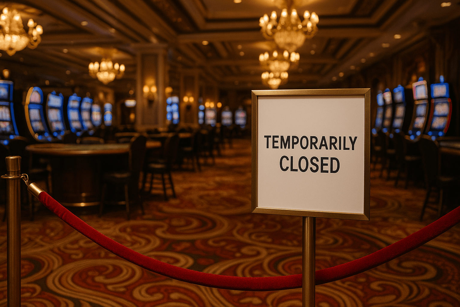 Casino interior with slot machines behind velvet rope and warning-style sign – visual metaphor for regulatory pitfalls and gaming license disqualifications