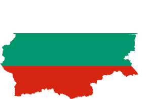 Map of Bulgaria filled with the national flag colors: white, green, and red in horizontal stripes.