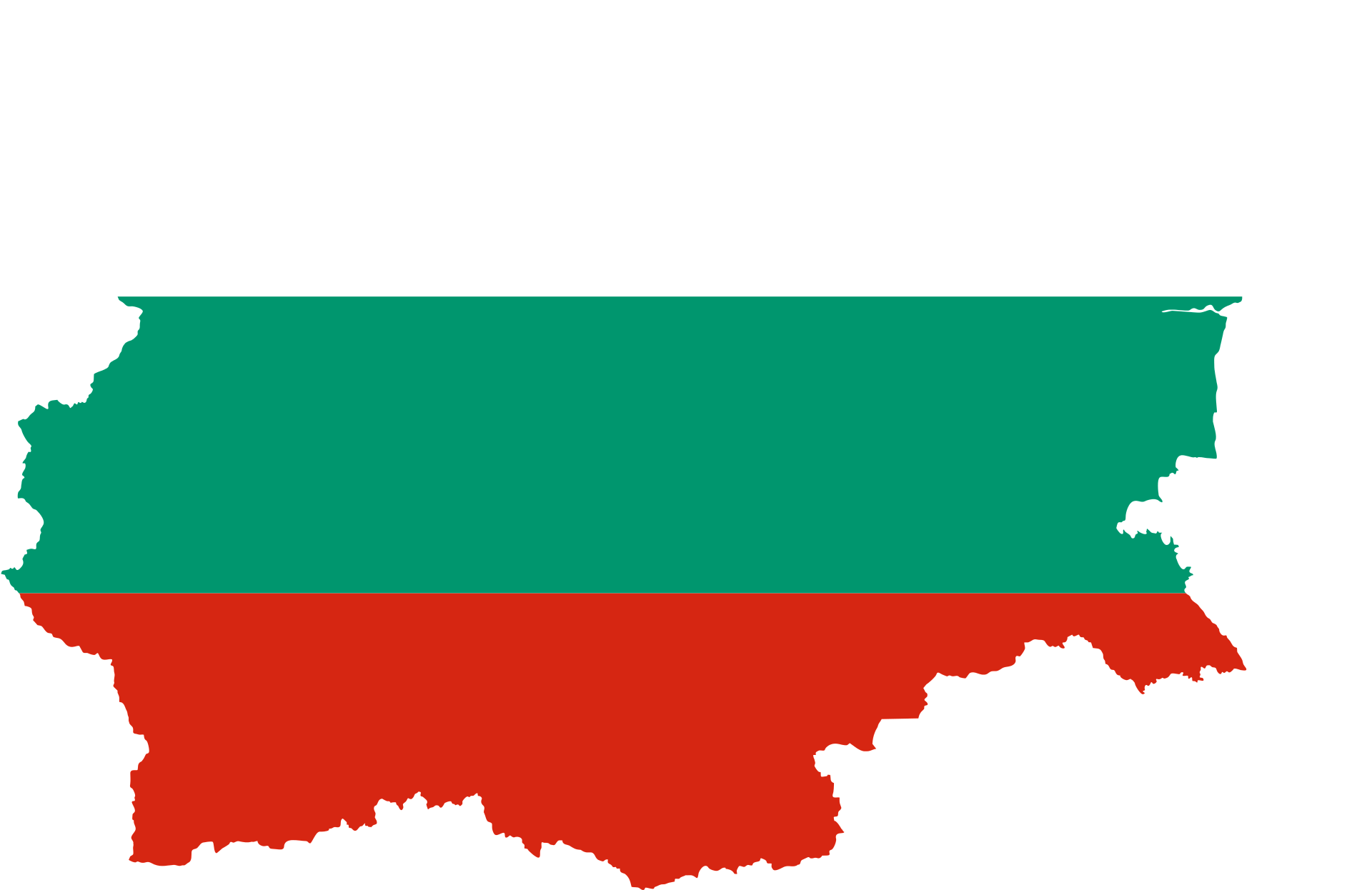 Map of Bulgaria filled with the national flag colors: white, green, and red in horizontal stripes.