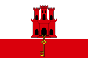 Flag of Gibraltar featuring a red castle with a hanging golden key on white and red bands