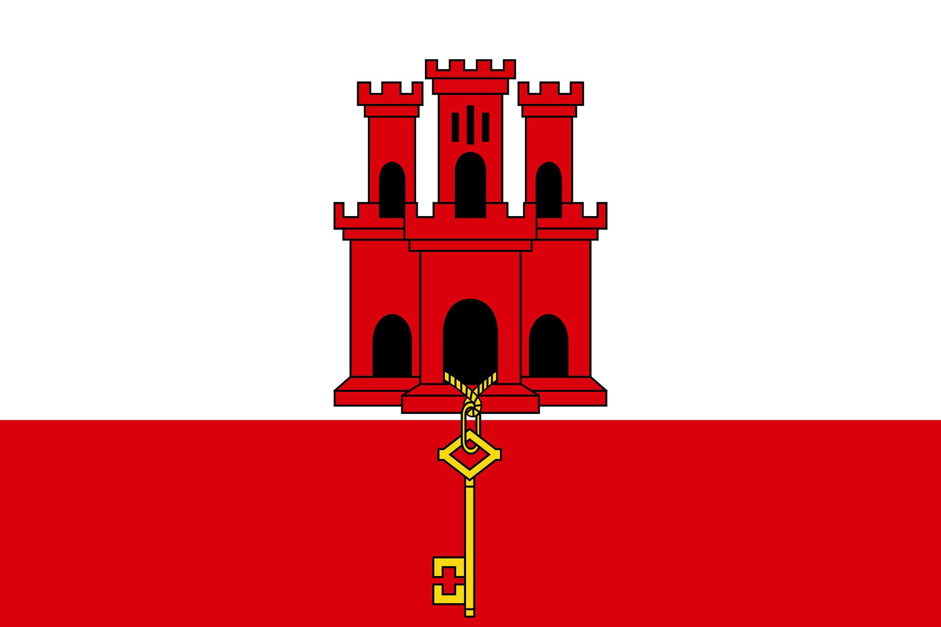 Flag of Gibraltar featuring a red castle with a hanging golden key on white and red bands