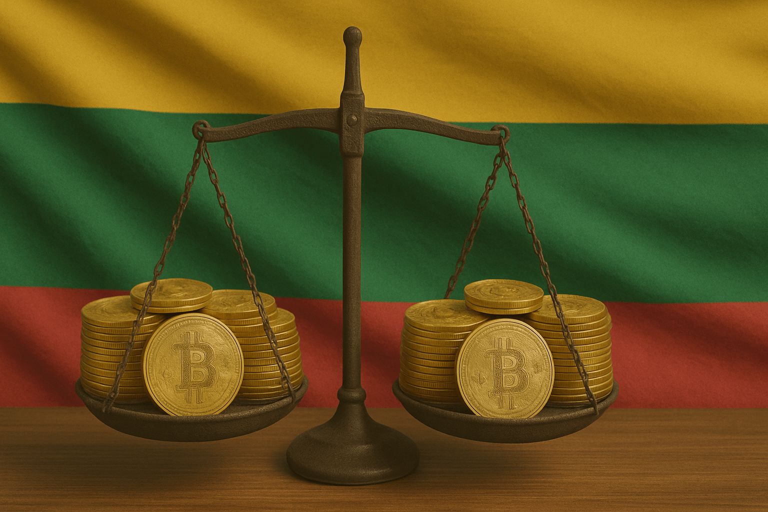 Lithuania cryptocurrency regulation concept illustrating Bitcoin stacks balanced on scales against Lithuanian flag background