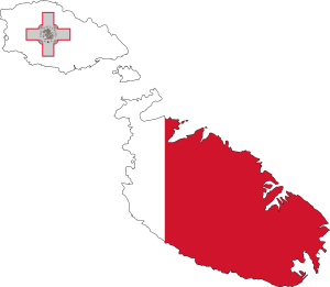 Malta map illustration colored in national flag tones with Maltese cross emblem — concept of Malta jurisdiction or licensing location