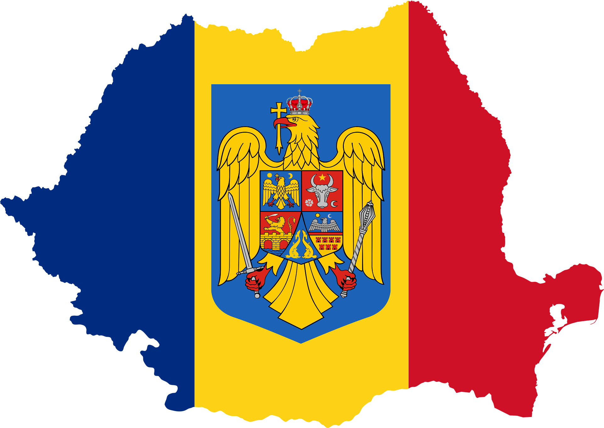 Illustration of Romania's map filled with the national flag. Colors: blue, yellow, and red.