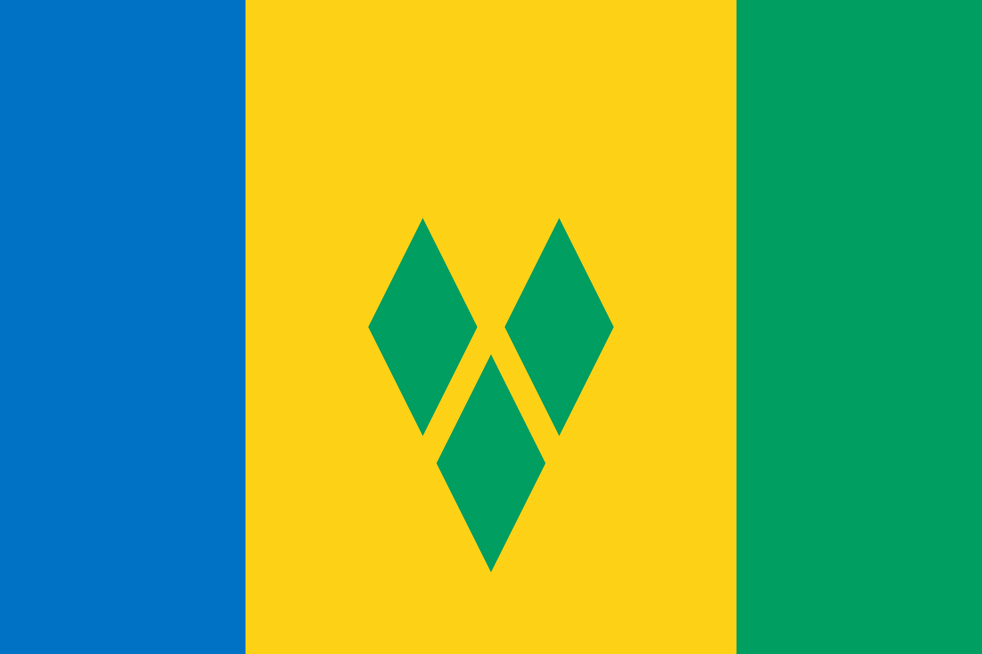 Saint Vincent and the Grenadines flag with diamonds in a V-shape on tricolor background