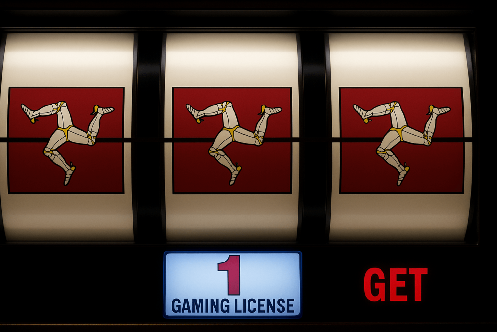 Isle of Man gaming license slot machine graphic with national flag colors — symbolizing iGaming regulatory authorization in the Isle of Man.