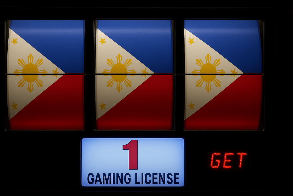 Philippines gaming license slot machine reels featuring Philippine flag colors — representing iGaming regulatory compliance in the Philippines.