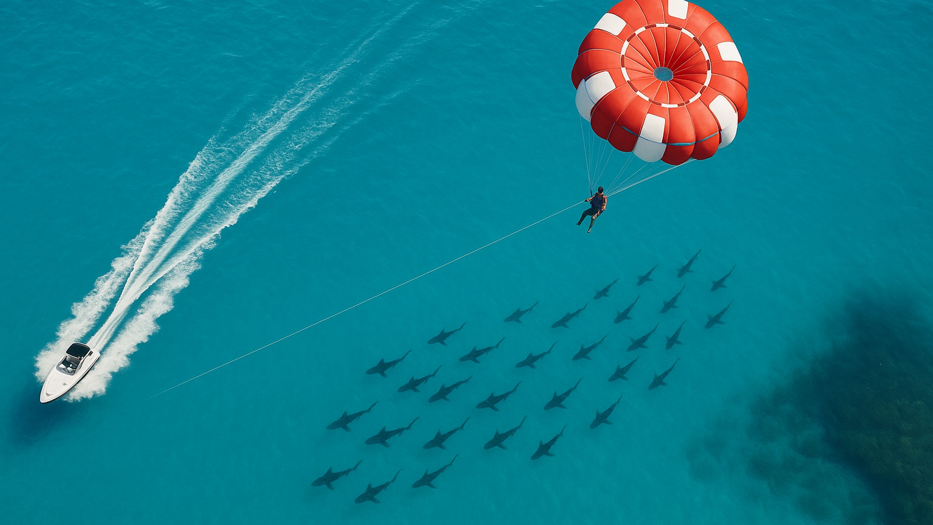 Speedboat towing parasailer above clear water; shark shadows trail beneath