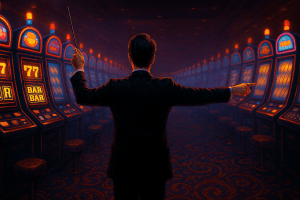Man with a stick orchestrates illuminated slot machines in moody light.