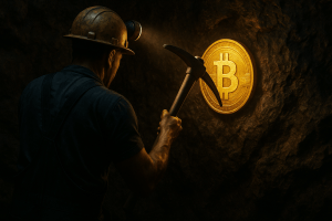 Vintage hard hat miner confronts a radiant Bitcoin coin in a rocky tunnel
