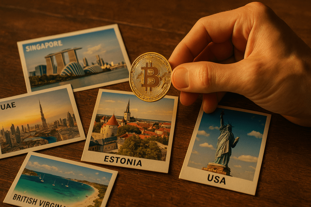 Golden bitcoin above country postcards, hinting at crypto-friendly jurisdictions.