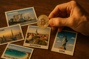 Golden bitcoin above country postcards, hinting at crypto-friendly jurisdictions.