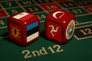 Red casino dice with Malta, Estonia, Kahnawake, Isle of Man and Tobique flags on roulette felt