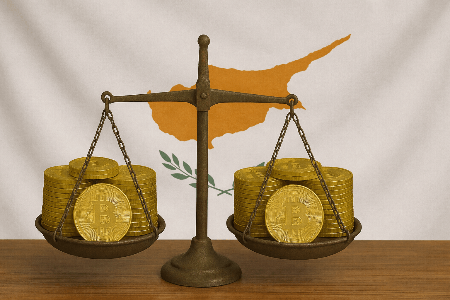 Bitcoin coins balanced on a justice scale with Cyprus flag in the background.