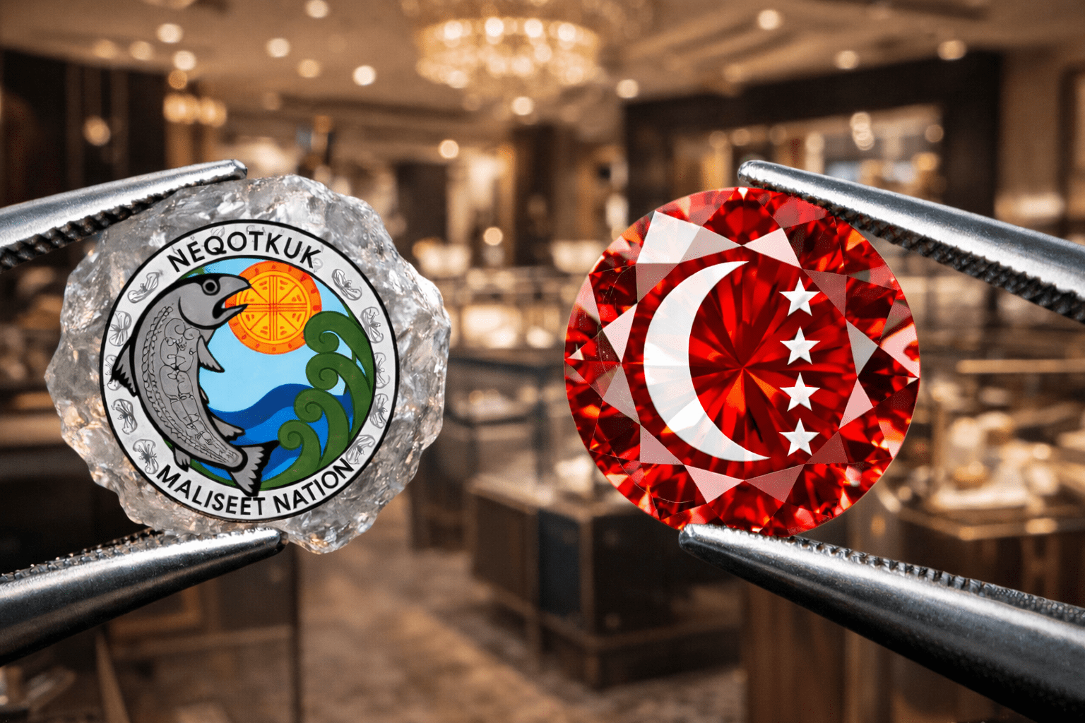 Luxury jeweler comparing two gems filled with Tobique and Anjouan flags.
