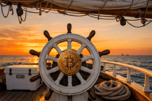 Ship’s wheel at sunset with a gold Bitcoin hub on a classic sailboat.
