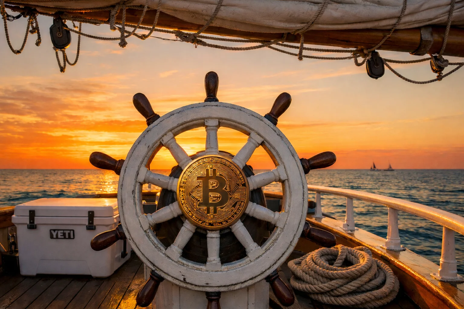 Ship’s wheel at sunset with a gold Bitcoin hub on a classic sailboat.