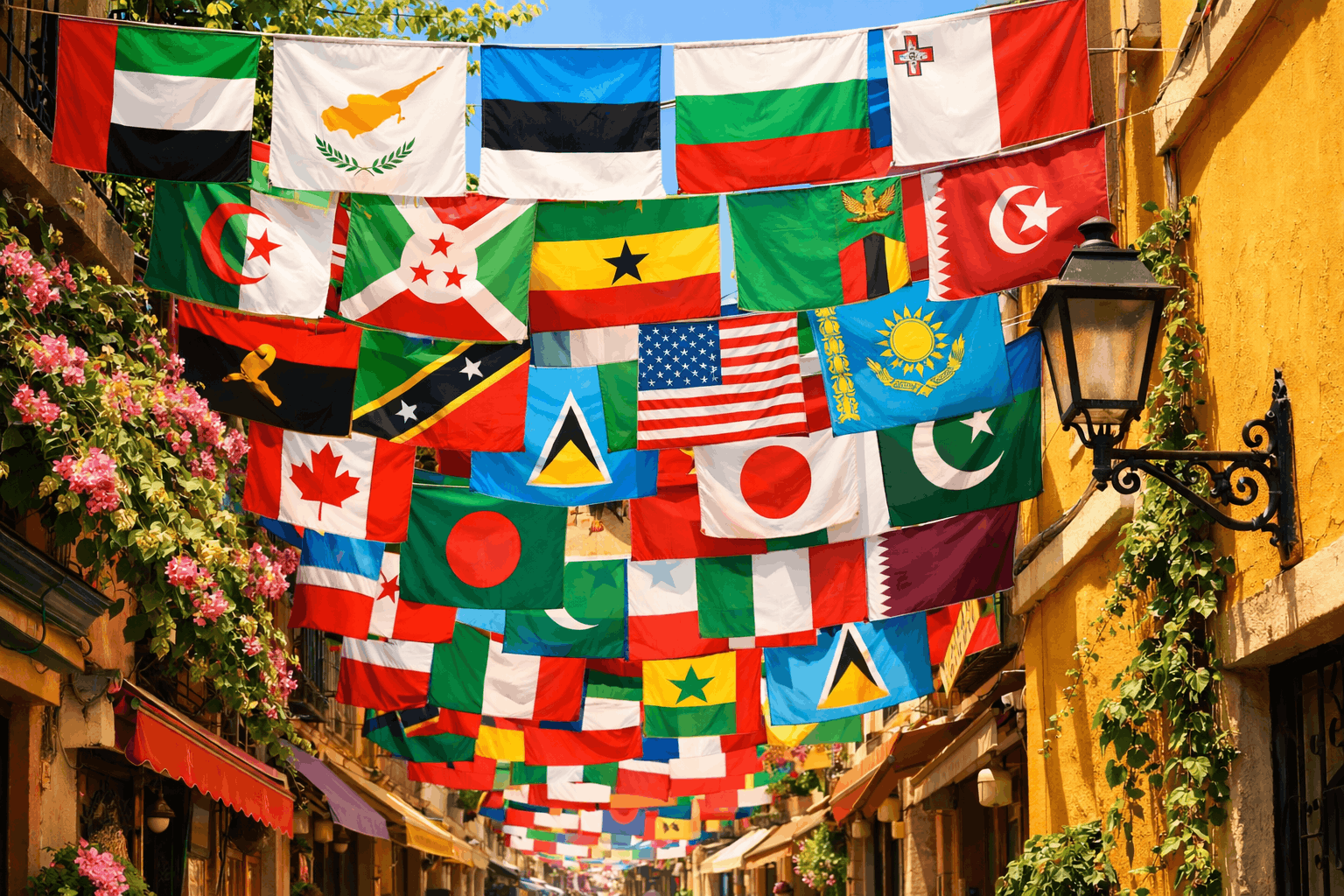 National flags hanging across a street lined with shops and flowers.