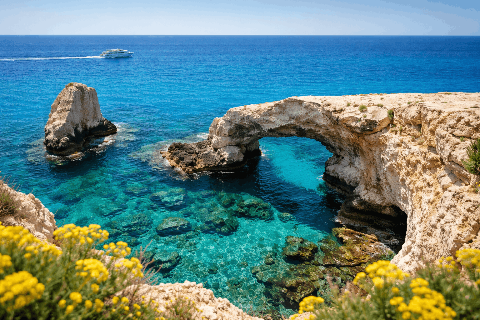 Scenic Cyprus coastline with natural stone bridge and glassy blue waters.