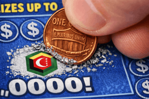 Hand uses penny to scratch ticket, revealing an Anjouan gaming license seal.