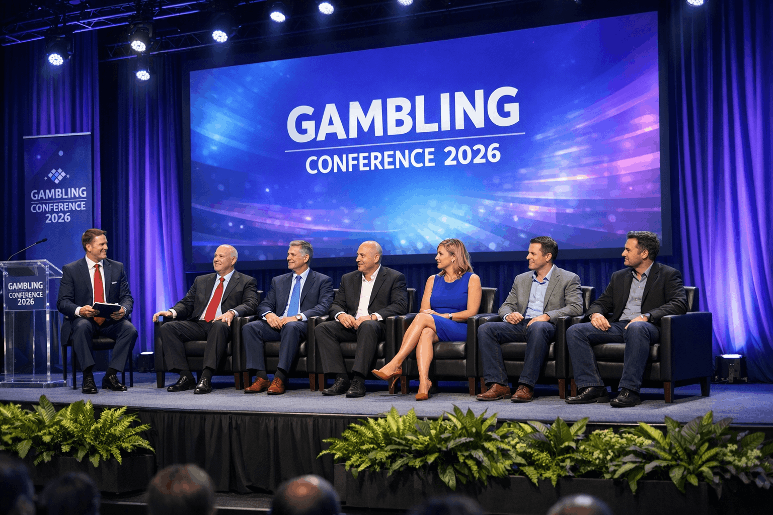 Industry panel at iGaming Conference 2026 with six speakers on stage.