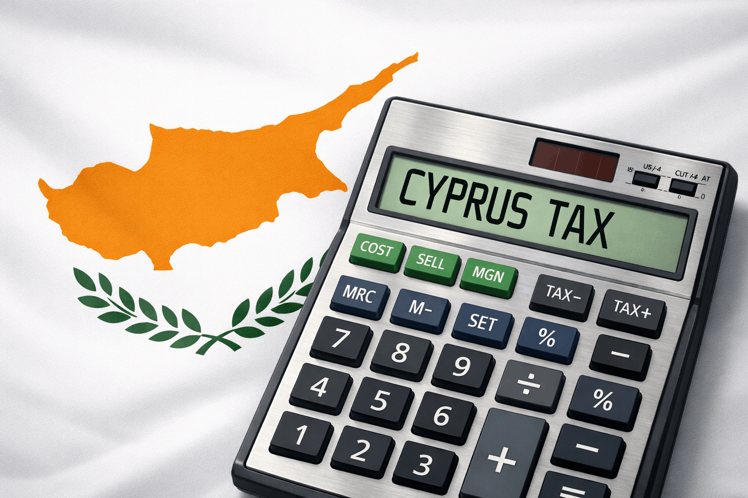 Cyprus tax calculator graphic with 'CYPRUS TAX' on screen and flag background.