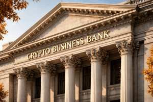 Neoclassical crypto business bank facade with Corinthian columns.