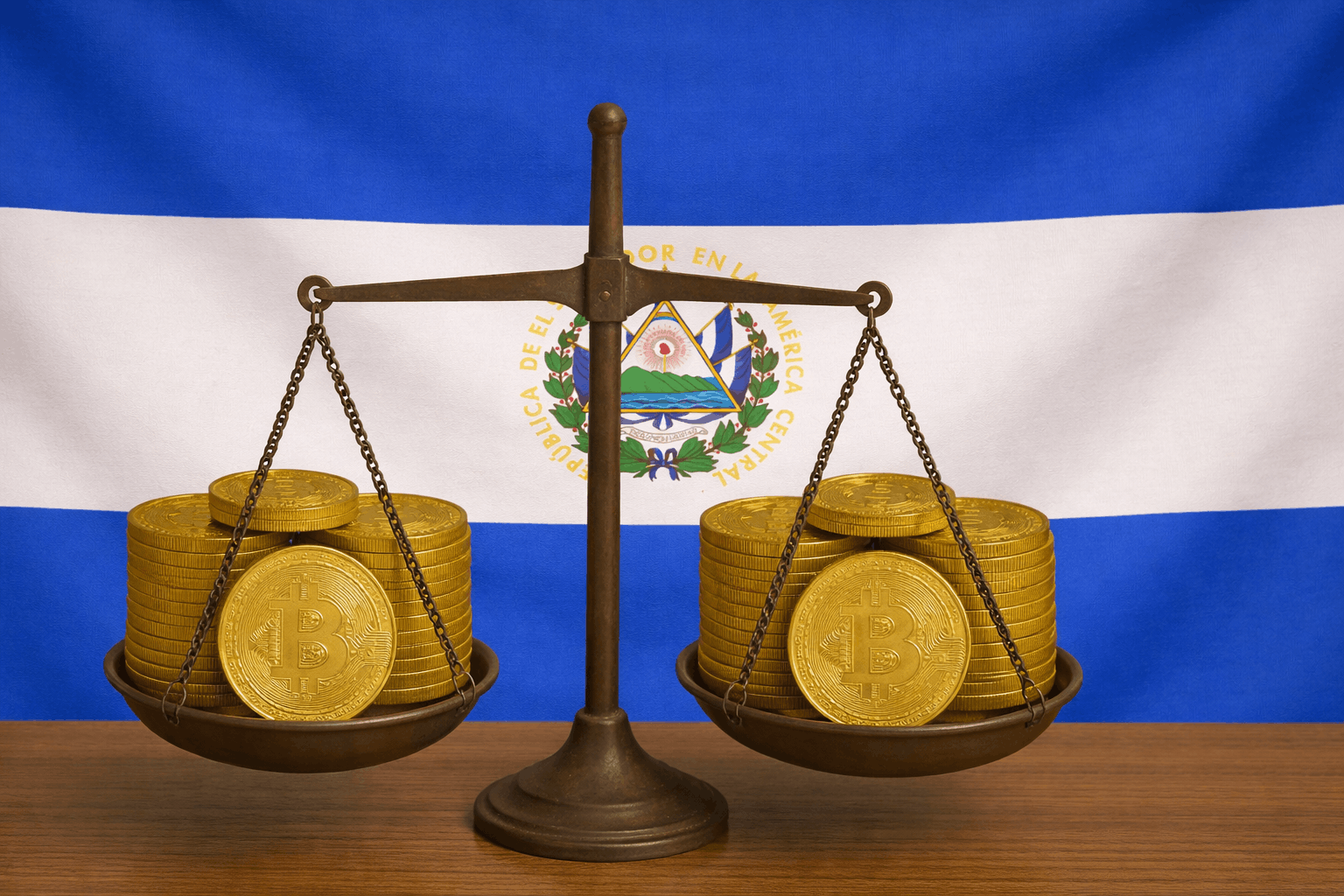 Bitcoin coins balanced on a justice scale with El Salvador flag in the background.