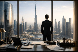 Businessman in a high-rise office overlooking Dubai skyline and Burj Khalifa.