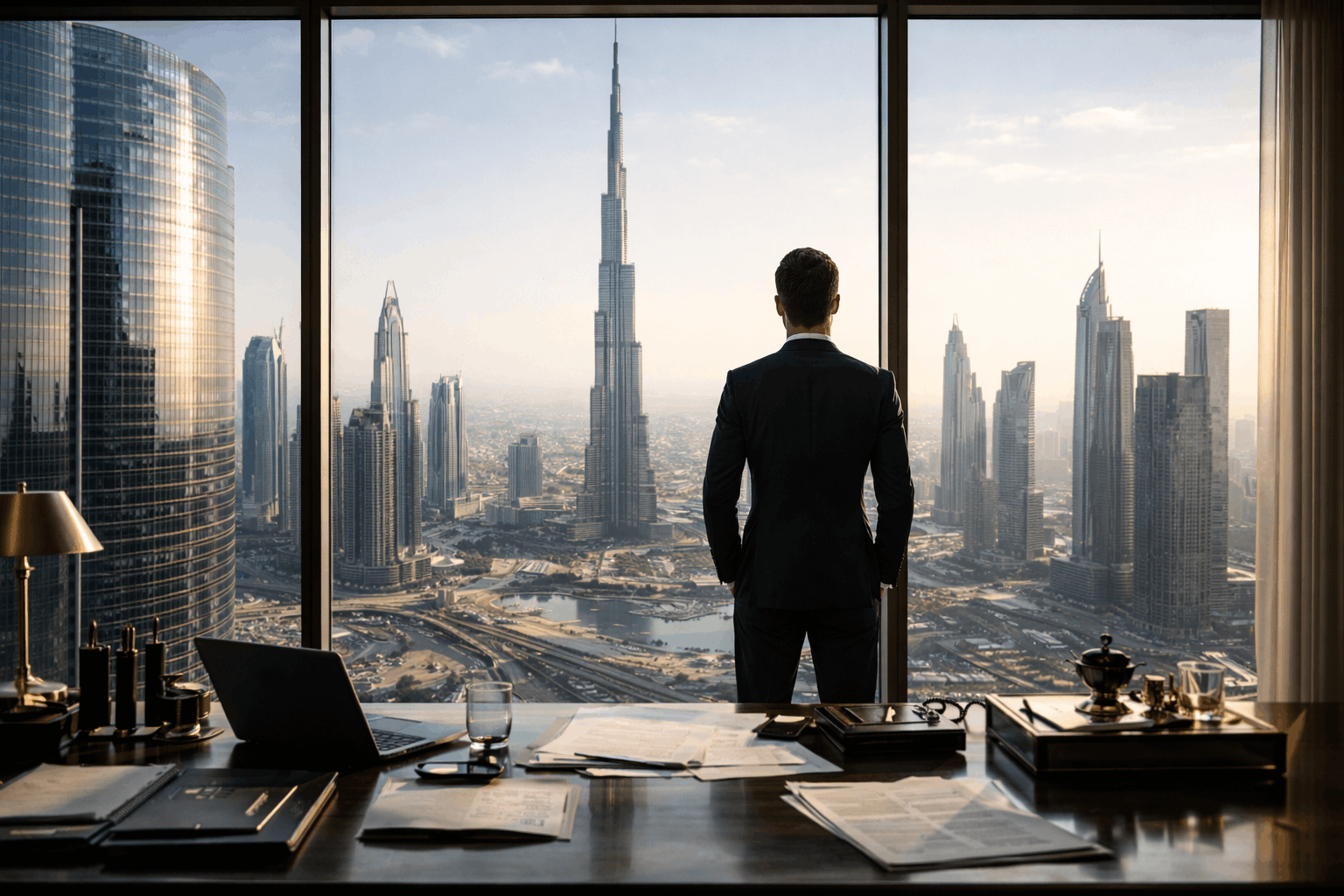 Businessman in a high-rise office overlooking Dubai skyline and Burj Khalifa.