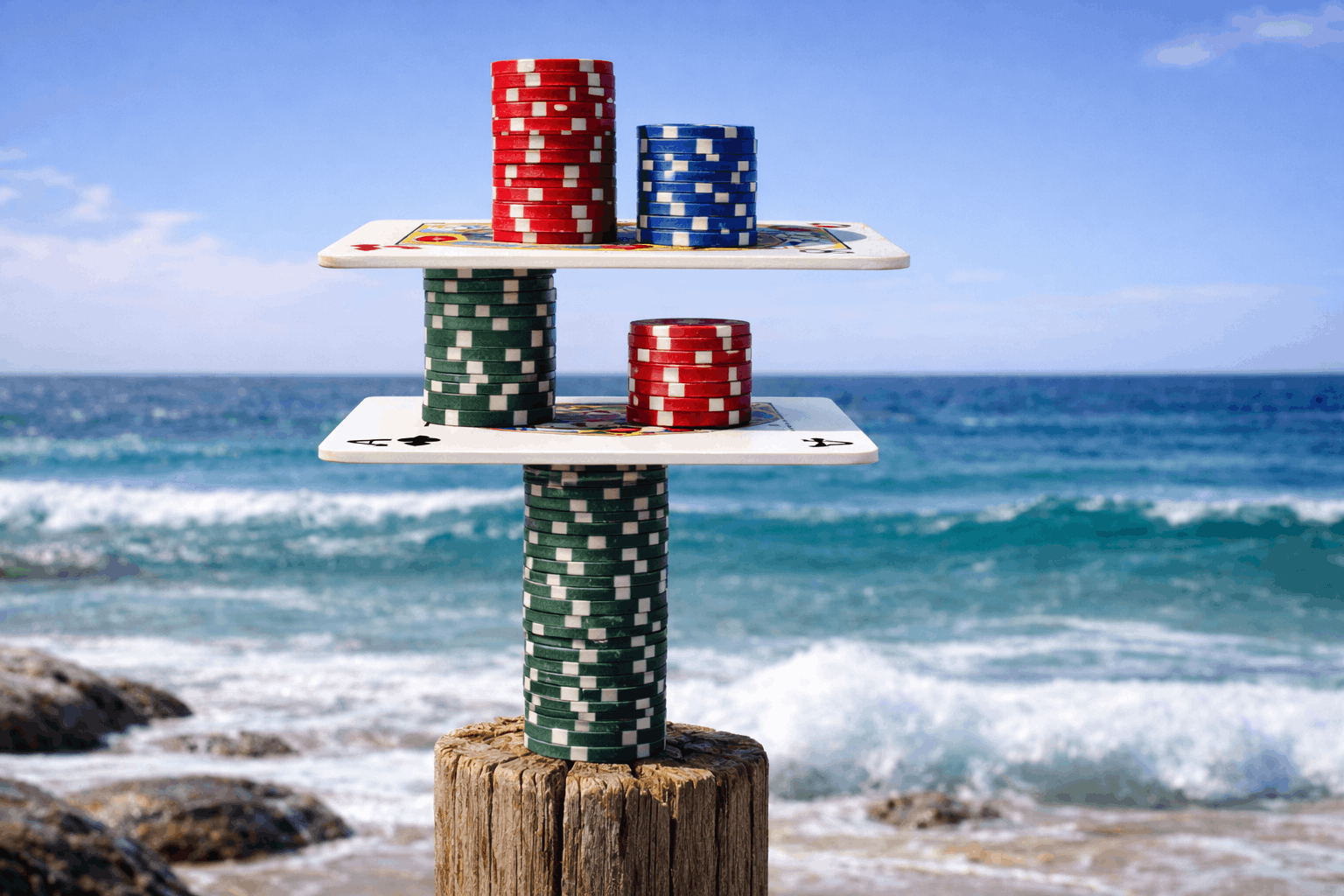 Coastal scene with poker chips stacked on playing cards in a delicate balance.