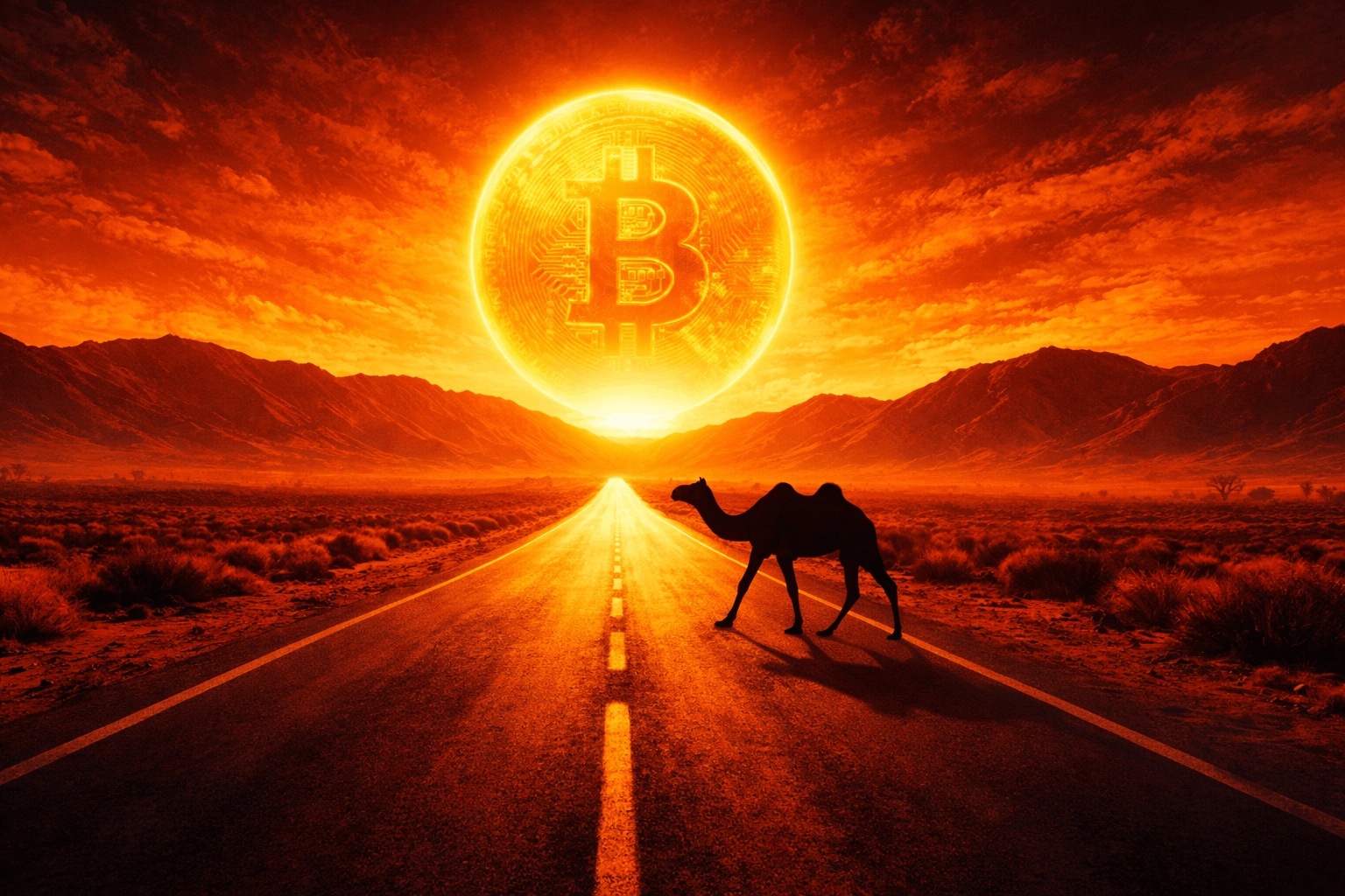 Camel crosses desert road under a blazing Bitcoin sun in a fiery orange sky.