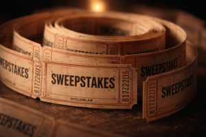 Close-up of retro sweepstakes ticket roll, sepia paper with bold print.