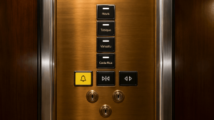 Brass elevator panel with buttons labeled Nevis, Tobique, Vanuatu, Costa Rica