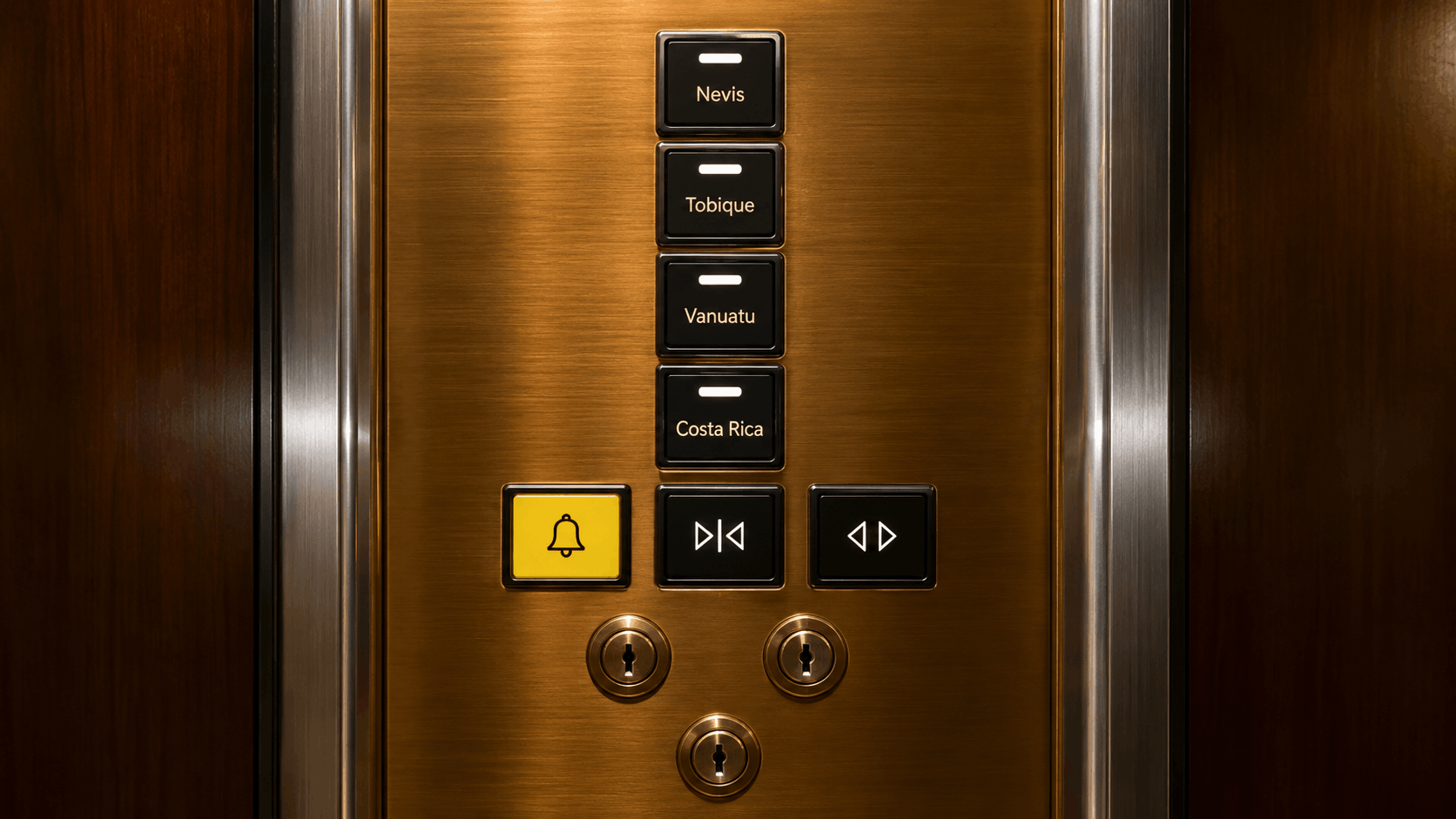 Brass elevator panel with buttons labeled Nevis, Tobique, Vanuatu, Costa Rica