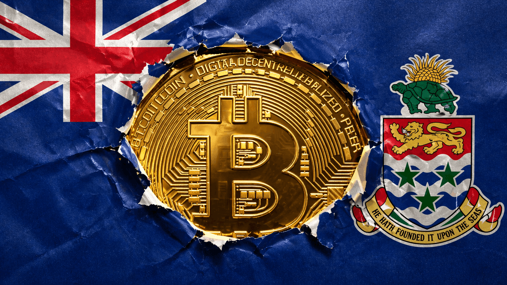 Bitcoin behind ripped Cayman Islands flag, signaling Cayman Foundation DAO setup.