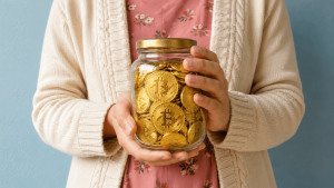 Bitcoin coins in a jar symbolizing cryptocurrency retirement planning.