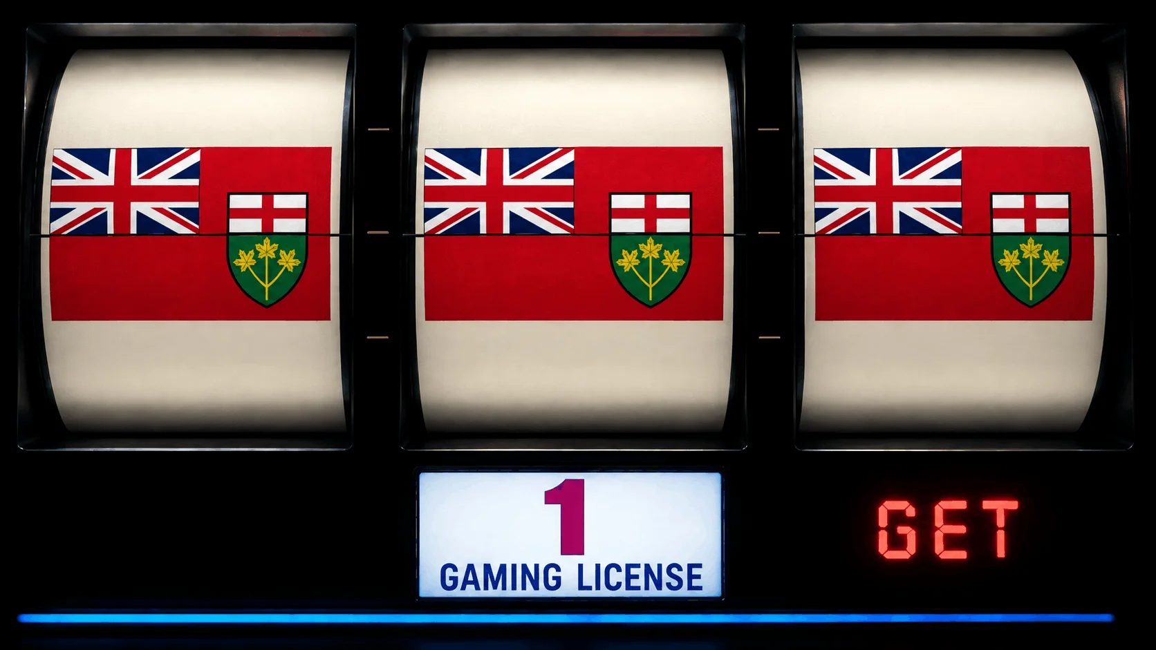 Casino slot machine featuring Ontario flags and a gaming license message.