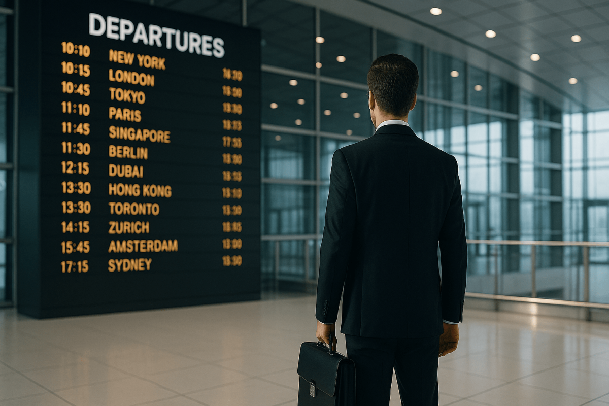 Business traveler in airport looking at international departures board with global cities – symbolizing cross-border business, global mobility and international licensing opportunities
