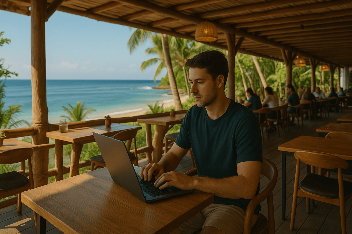 Remote worker using laptop at tropical beachside café with ocean view and palm trees – symbolizing digital nomad lifestyle and online business freedom
