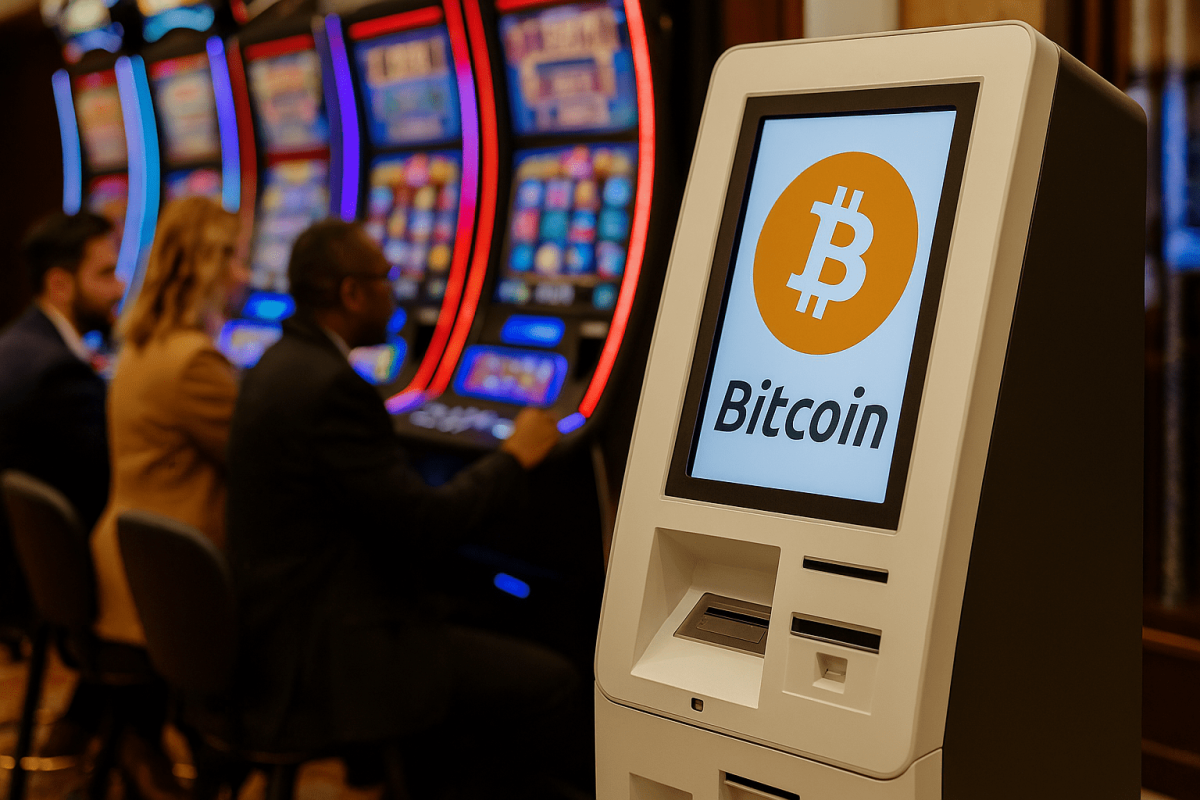 Bitcoin ATM in front of casino slot machines, illustrating crypto payment access in betting environments