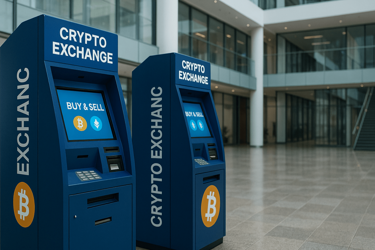 Modern interior space with promotional crypto banking kiosk in commercial lobby setting – symbolizing crypto services and institutional finance branding