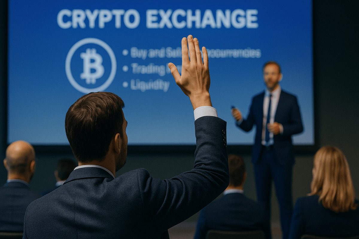 Business conference on crypto exchange with speaker presenting Bitcoin trading, liquidity and regulations while audience member raises hand for question