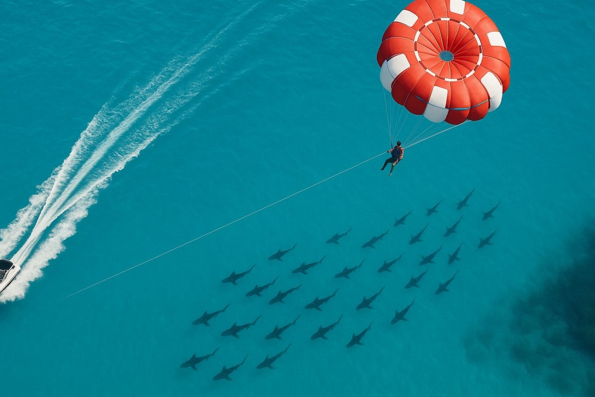 Speedboat towing parasailer above clear water; shark shadows trail beneath