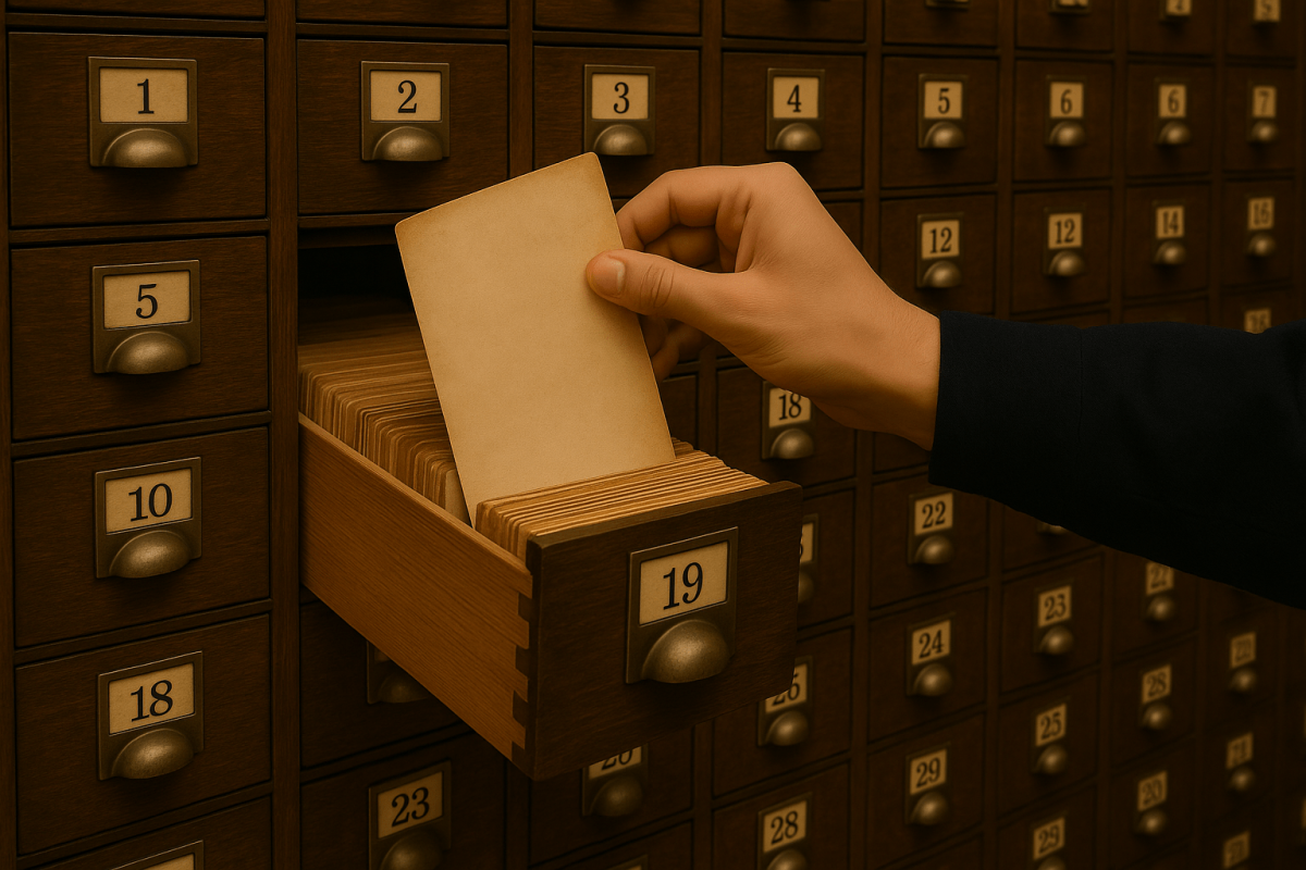 Legal records archive illustration — hand retrieving index card from numbered cabinet, symbolizing company registry search and compliance due diligence