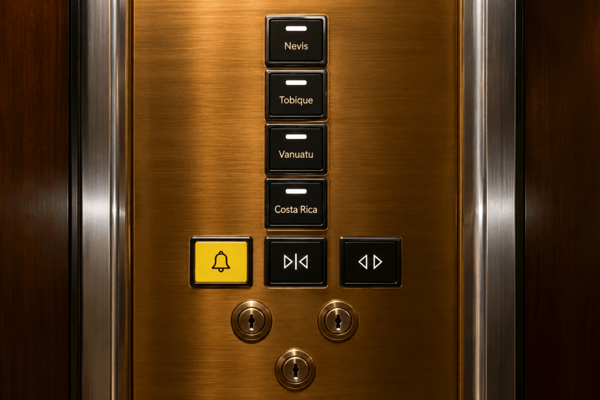 Brass elevator panel with buttons labeled Nevis, Tobique, Vanuatu, Costa Rica